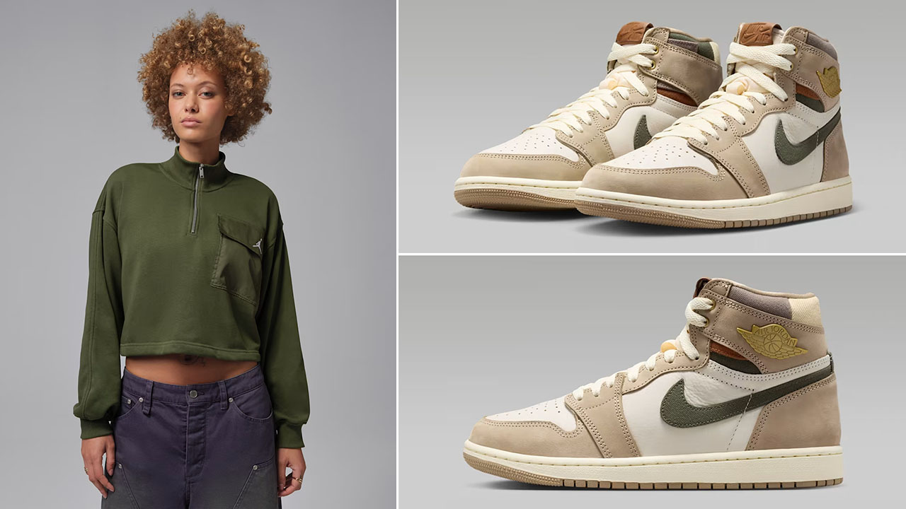 Air Jordan 1 High OG Shop Jacket Workwear x Jordan Brooklyn Fleece Women's 1:4-Zip Hike Mike Top Cargo Khaki Green to Match Sneakers