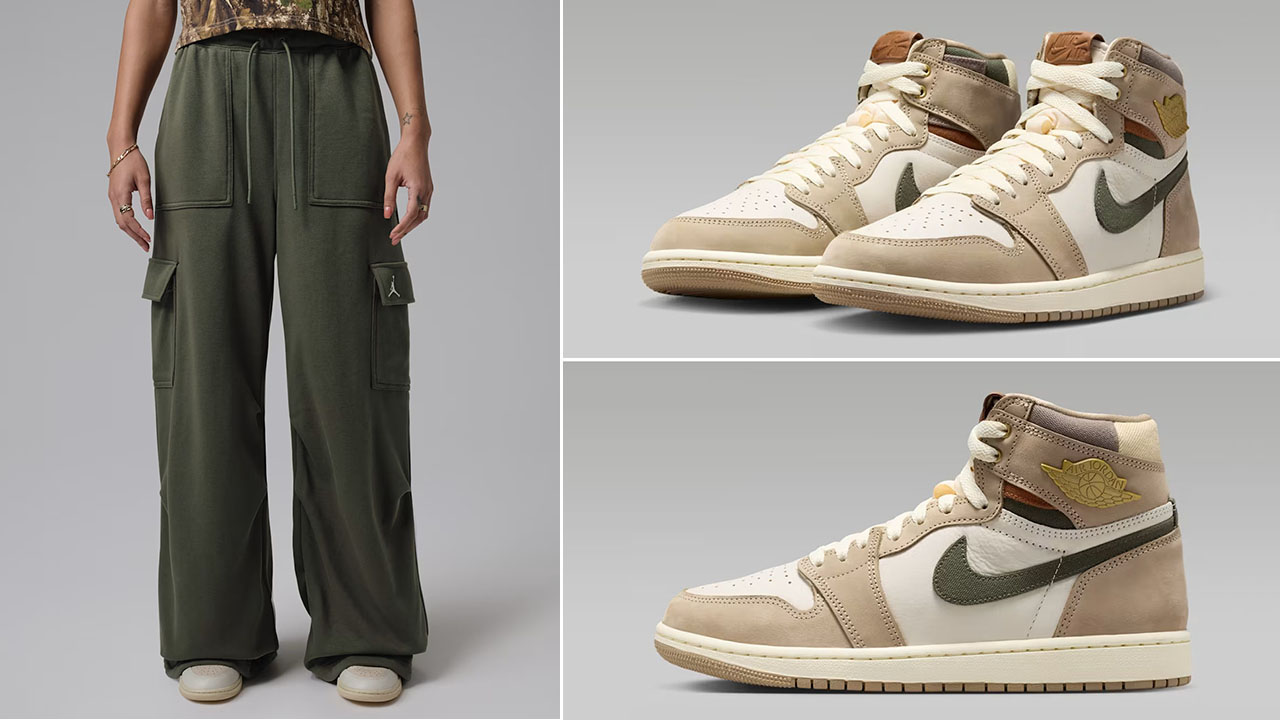Air Jordan 1 High OG Shop Jacket Workwear x Jordan Brooklyn Fleece Women's Cargo Pants Cargo Khaki Green to Match Sneakers