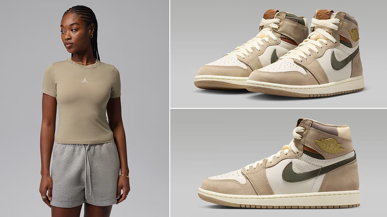 Air Jordan 1 High OG Shop Jacket Workwear x Jordan Essentials Women's T-Shirt to Match Sneakers