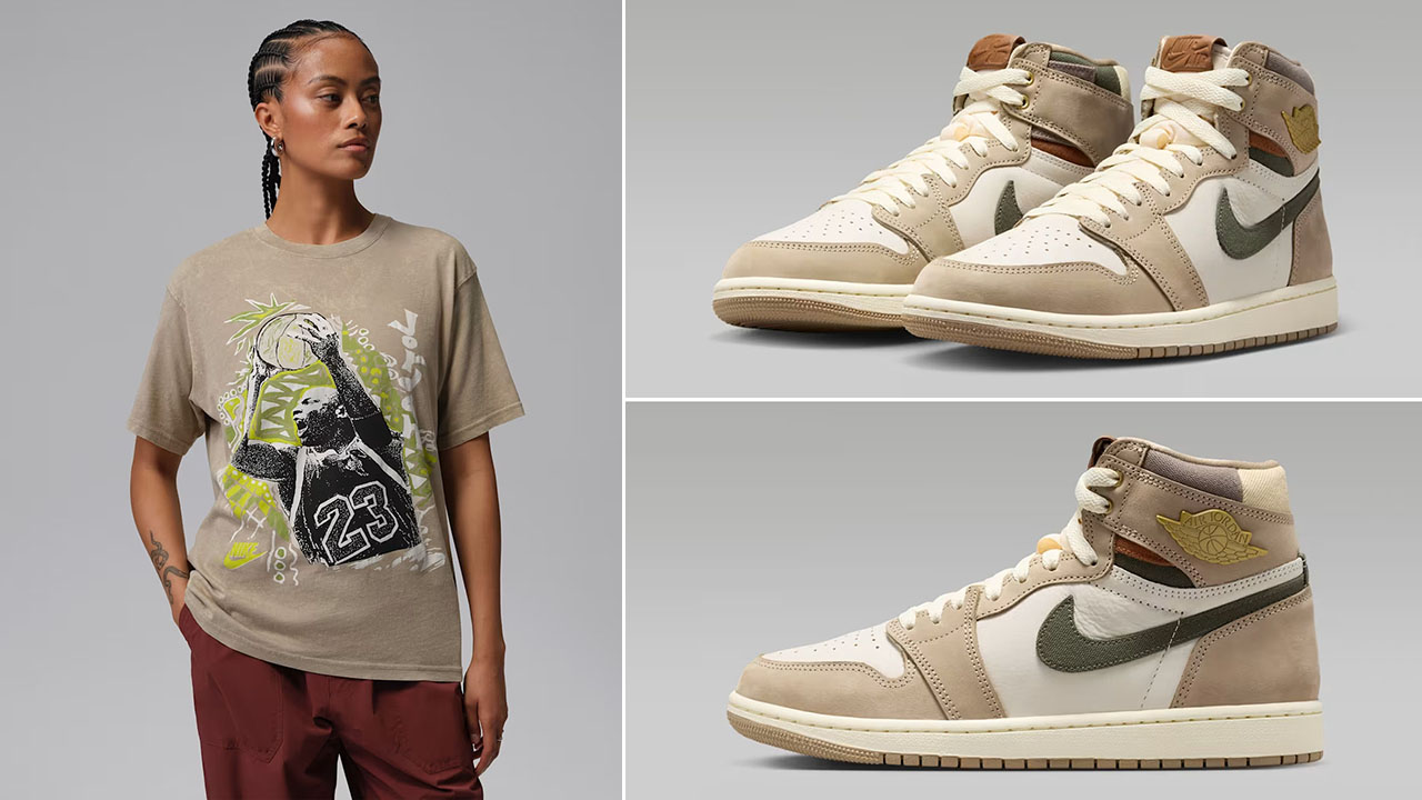 Air Jordan 1 High OG Shop Jacket Workwear x Jordan Flight Women's Graphic T-Shirt to Match Sneakers