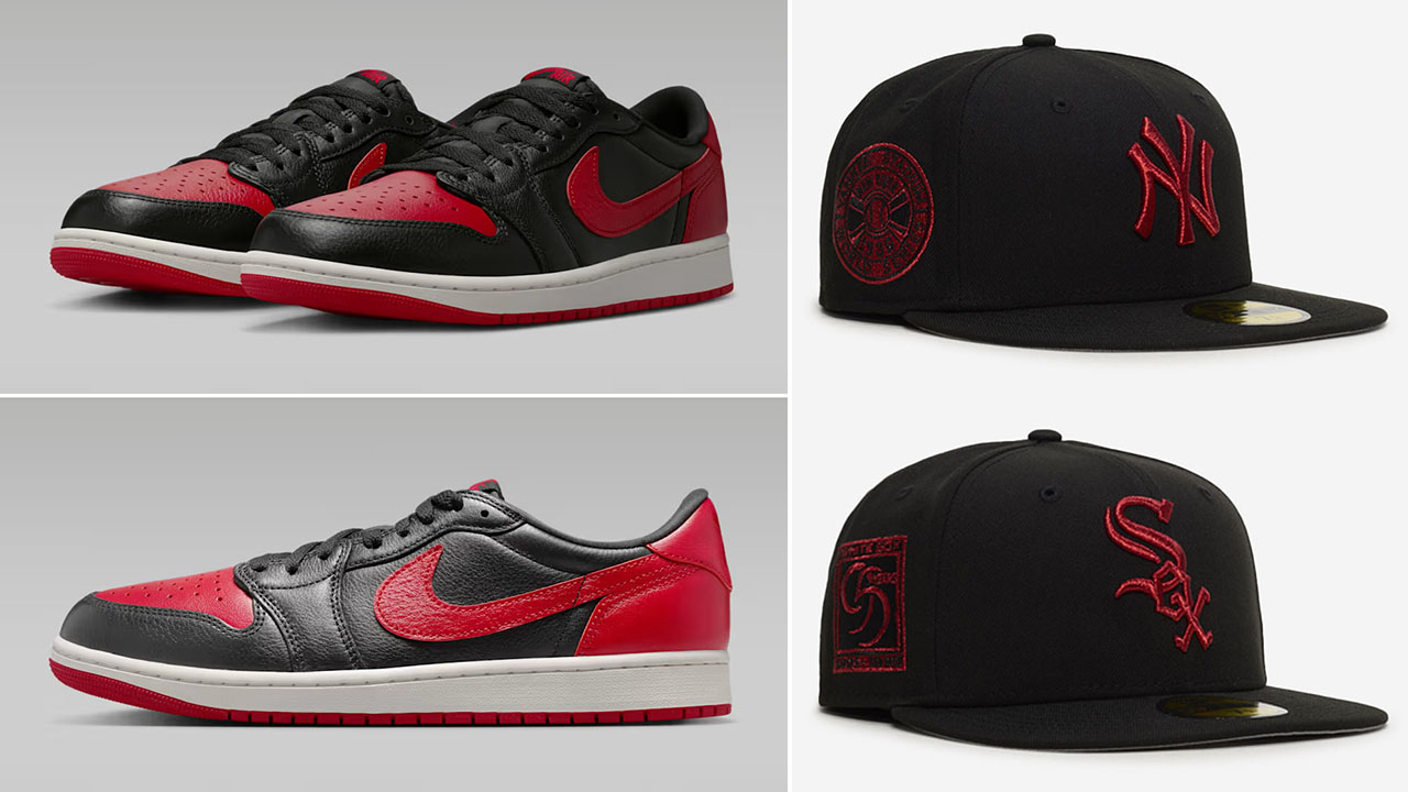Air Jordan 1 Low OG Banned 2026 x New Era MLB 59Fifty Hats Fitted Caps to Match Sneakers