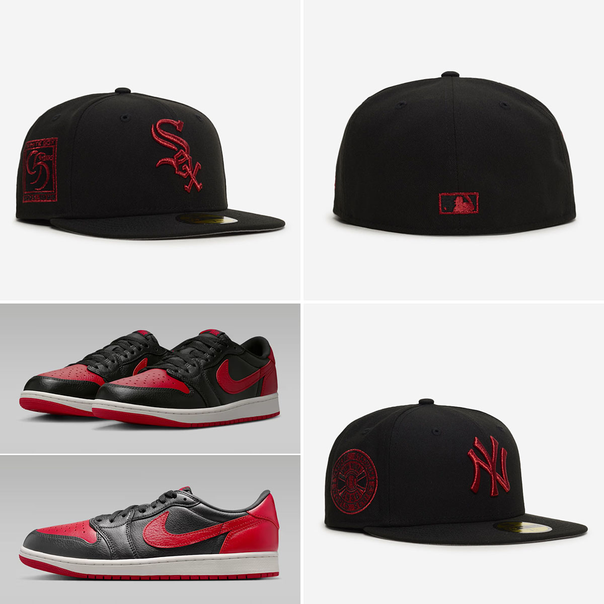 Air Jordan 1 Low OG Banned x New Era Bred Black Red MLB 59FIFTY Fitted Hats to Match