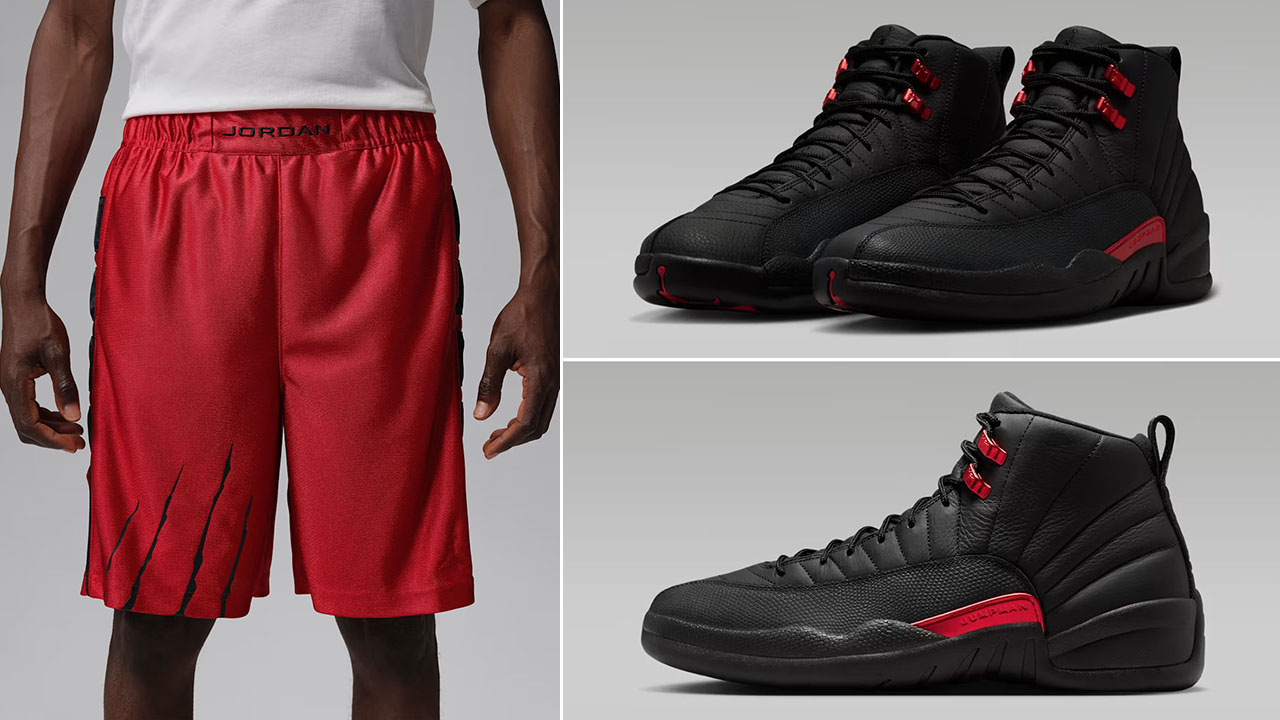 Air Jordan 12 Bloodline x Jordan Brooklyn Cat Scratch Men's Red Black Shorts to Match Sneakers