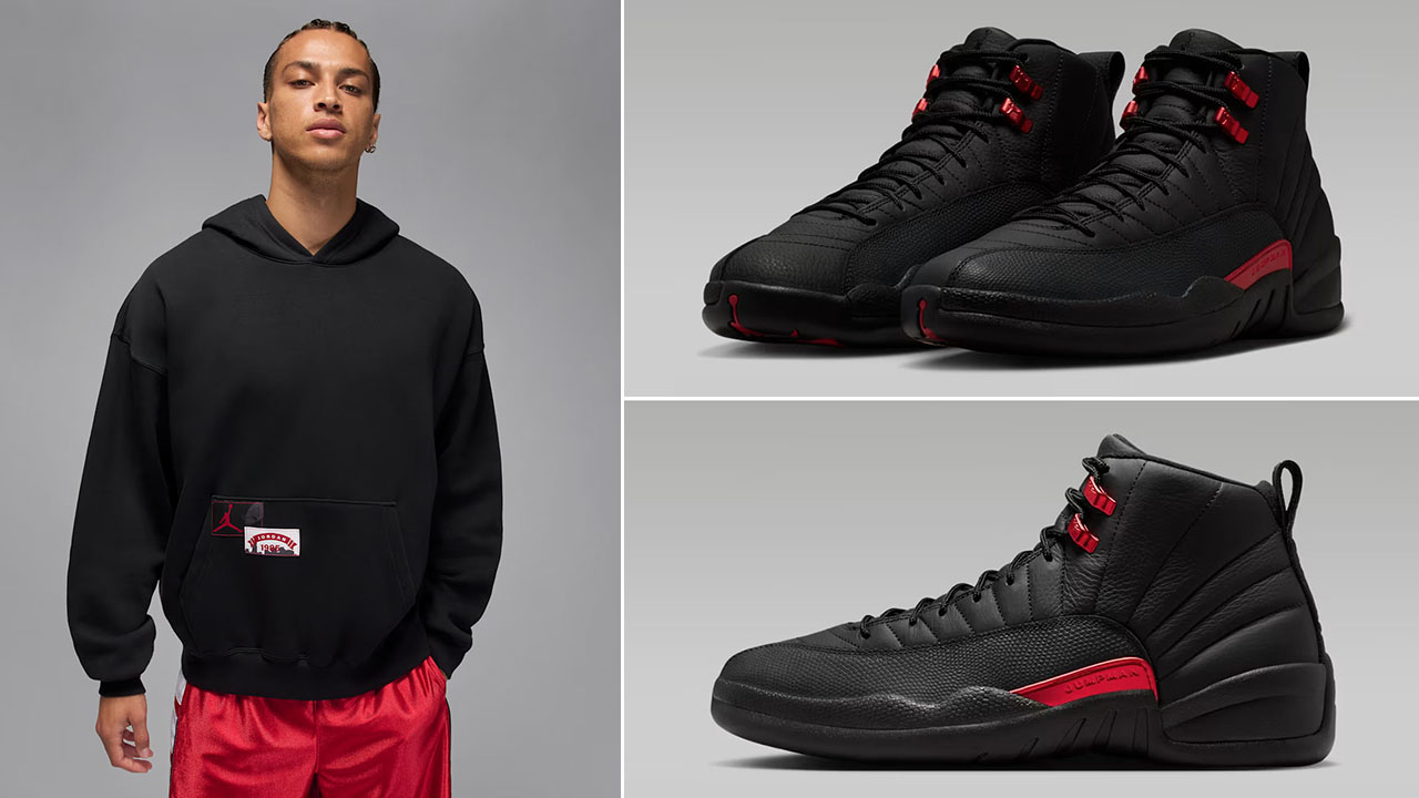 Air Jordan 12 Bloodline x Jordan Brooklyn Fleece Men's Oversized Black Pullover Hoodie to Match Sneakers