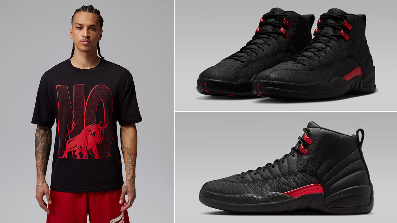 Air Jordan 12 Bloodline x Jordan Brooklyn Toro Bravo Black Red Mens T-Shirt to Match Sneakers