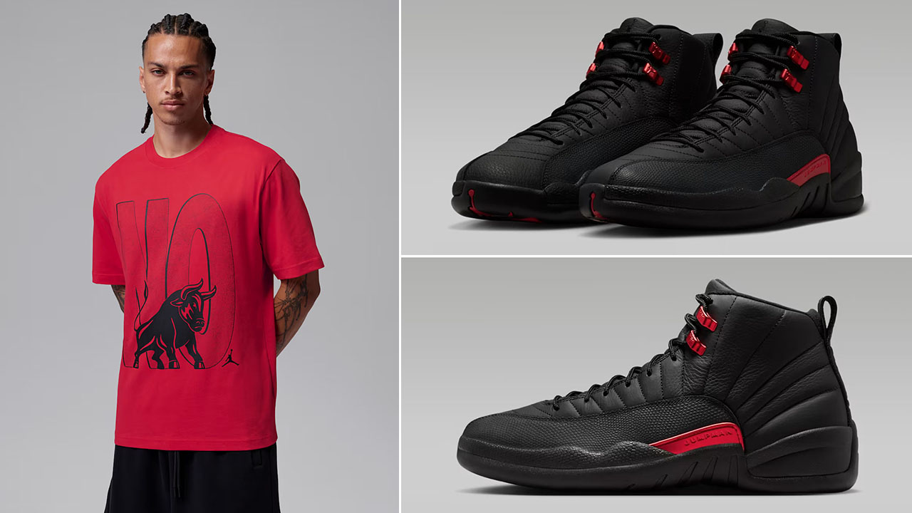 Air Jordan 12 Bloodline x Jordan Brooklyn Toro Bravo Red Black Mens T-Shirt to Match Sneakers