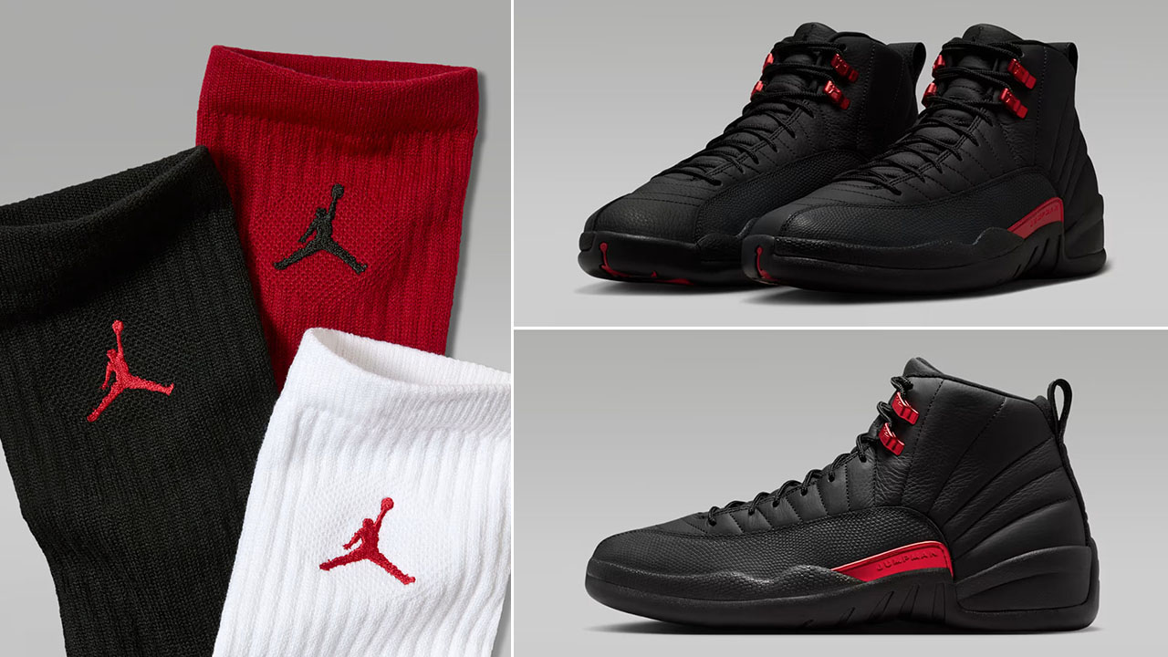 Air Jordan 12 Bloodline x Jordan Everyday Black Red White Crew Socks to Match Sneakers