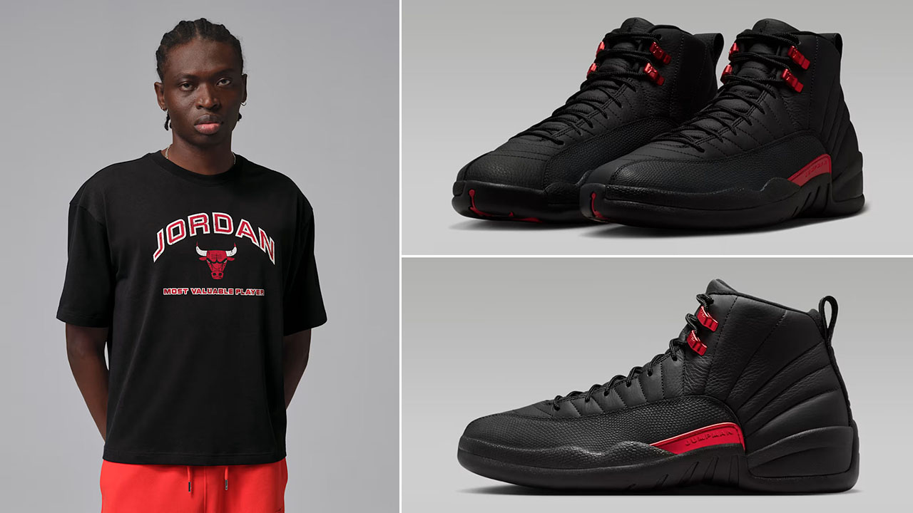 Air Jordan 12 Bloodline x Jordan Flight Essentials Chicago Bulls Men's Boxy Black Graphic T-Shirt to Match Sneakers
