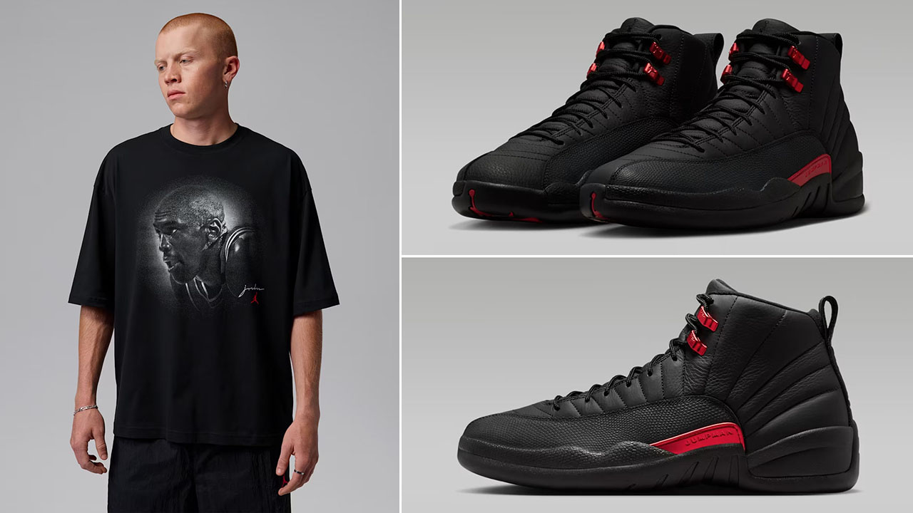 Air Jordan 12 Bloodline x Jordan Flight Essentials Men's Oversized Black T-Shirt to Match Sneakers