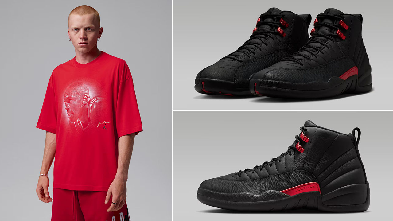 Air Jordan 12 Bloodline x Jordan Flight Essentials Men's Oversized Red T-Shirt to Match Sneakers