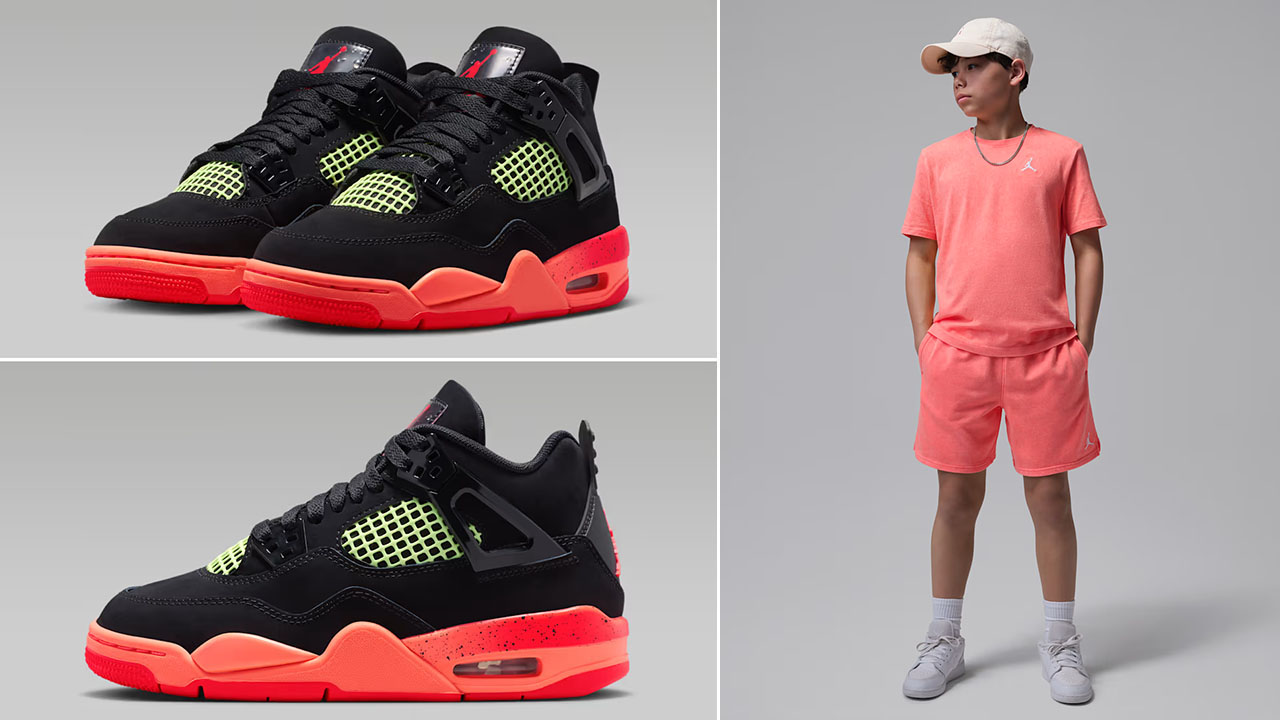 Air Jordan 4 GS Black Infrared 23 x Jordan Big Kids Brooklyn Wash Mango T Shirt and Shorts Outfit to Match Sneakers