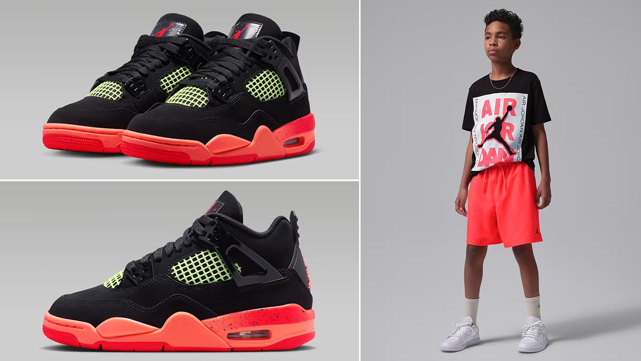 Air Jordan 4 GS Black Infrared 23 x Jordan Big Kids City T Shirt and Woven Shorts Outfit to Match Sneakers