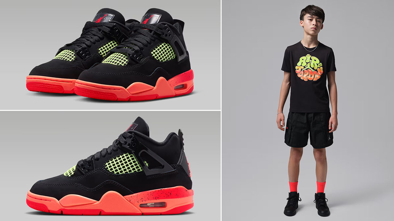 Air Jordan 4 GS Black Infrared 23 x Jordan Big Kids Super Splash T Shirt and Shorts Outfit to Match Sneakers