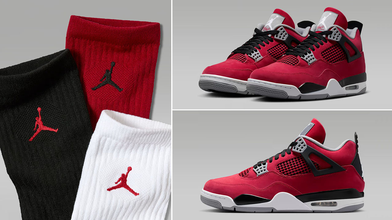 Air Jordan 4 Toro Bravo 2026 x Jordan Everyday Red Black White Crew Socks to Match Sneakers