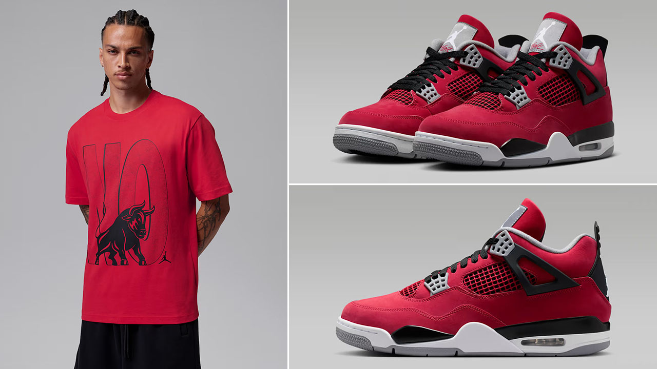 Air Jordan 4 Toro Bravo 2026 x Jordan Toro No Bull Red Black Graphic T Shirt to Match Sneakers