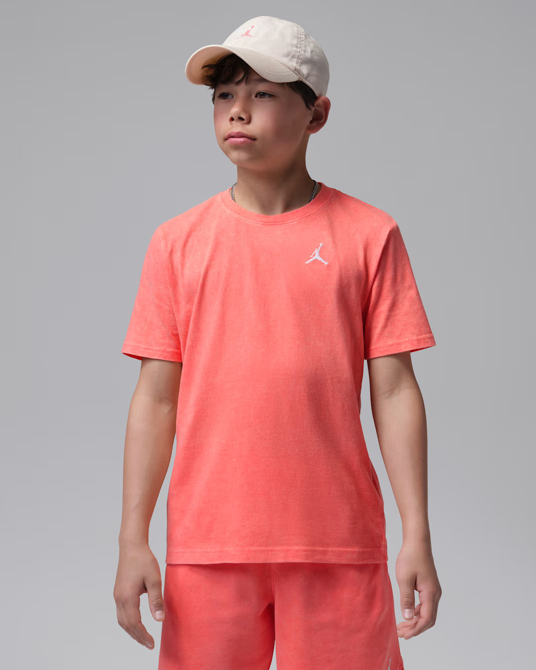 Jordan Big Kids' Air Embroidered Acid Wash T-Shirt Bright Mango
