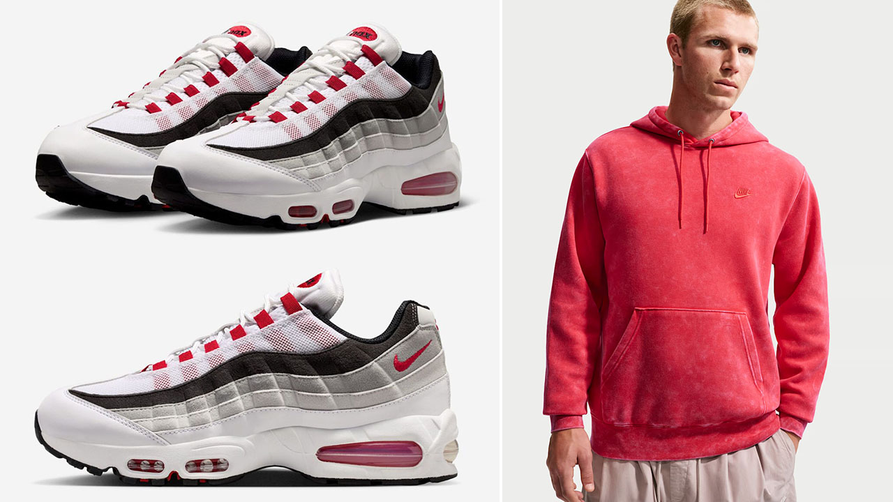 Nike Air Max 95 Big Bubble OG Comet Red 2026 x Nike Sportswear Club Men's Washed Fleece Hoodie to Match Sneakers