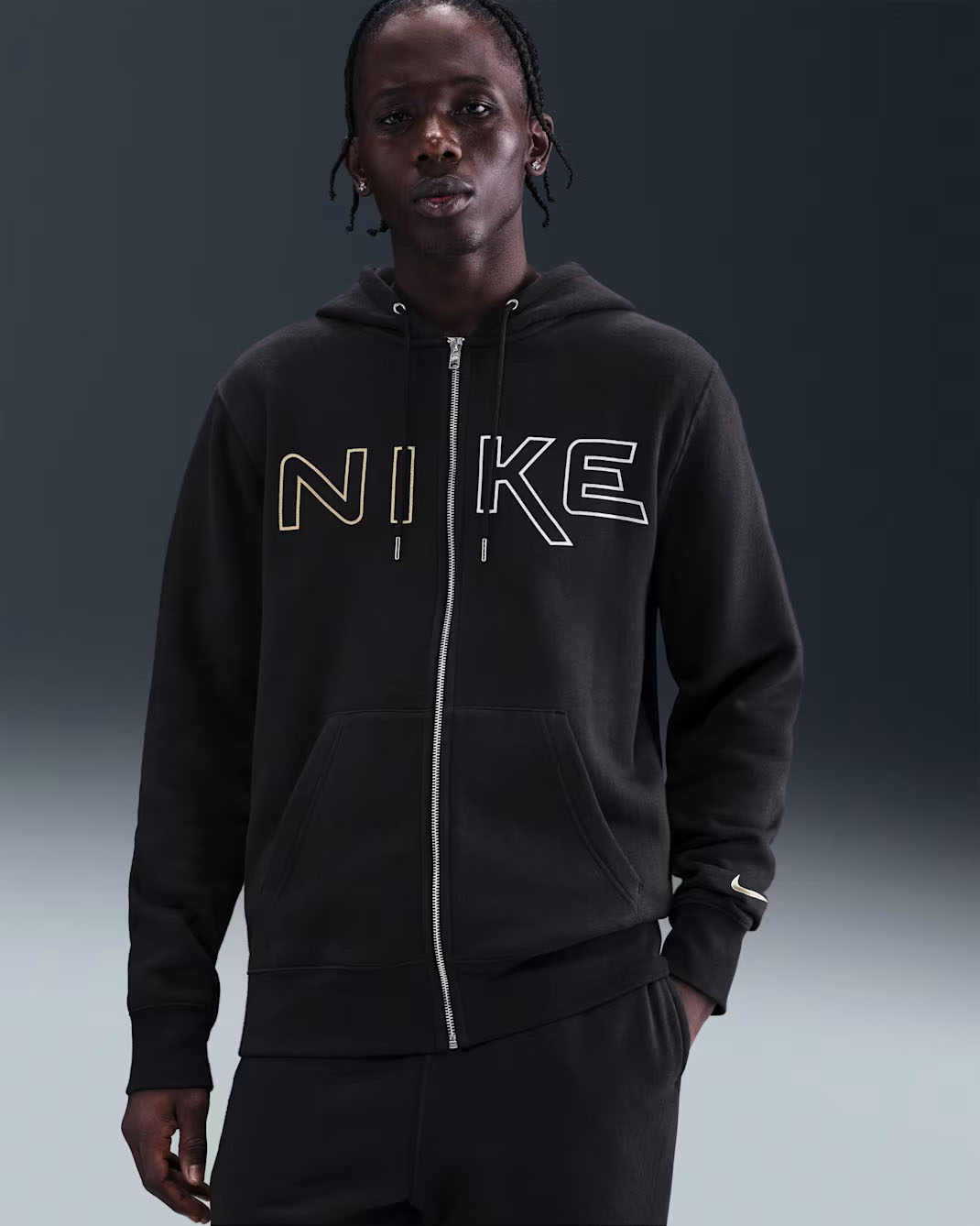 Nike Club Fleece Full Zip Graphic Hoodie Black White Gold 1