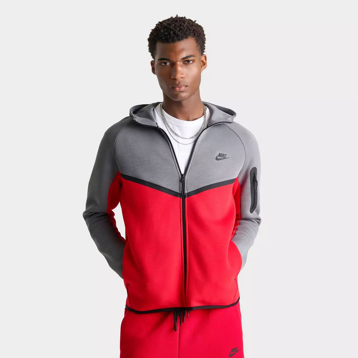 Nike Tech Fleece Men's Full-Zip Windrunner Hoodie Smoke Grey Fire Red 1