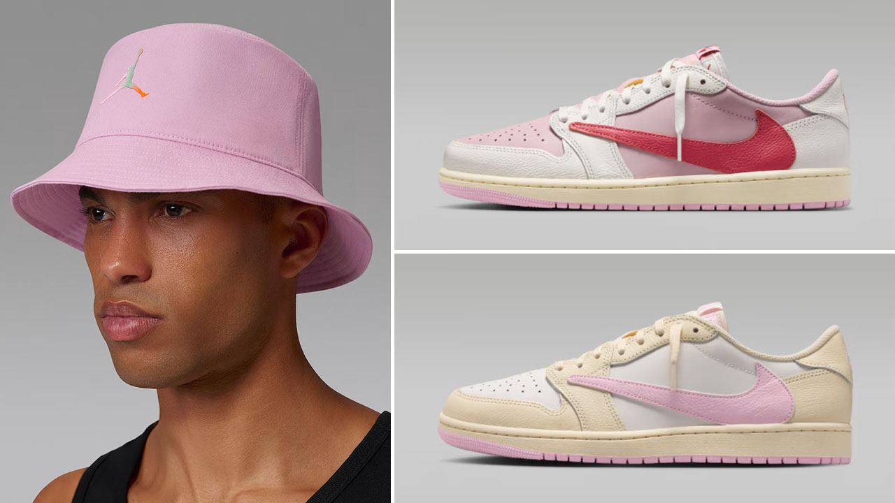 Travis Scott Air Jordan 1 Low OG Pink Pack x Jordan Apex Festival Bucket Hat to Match Sneakers