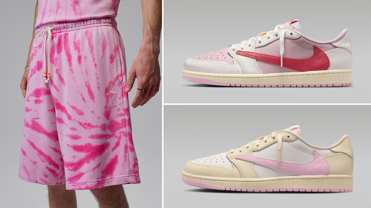 Travis Scott Air Jordan 1 Low OG Pink Pack x Jordan Brooklyn Fleece Men’s Tie-Dye Festival Shorts to Match Sneakers