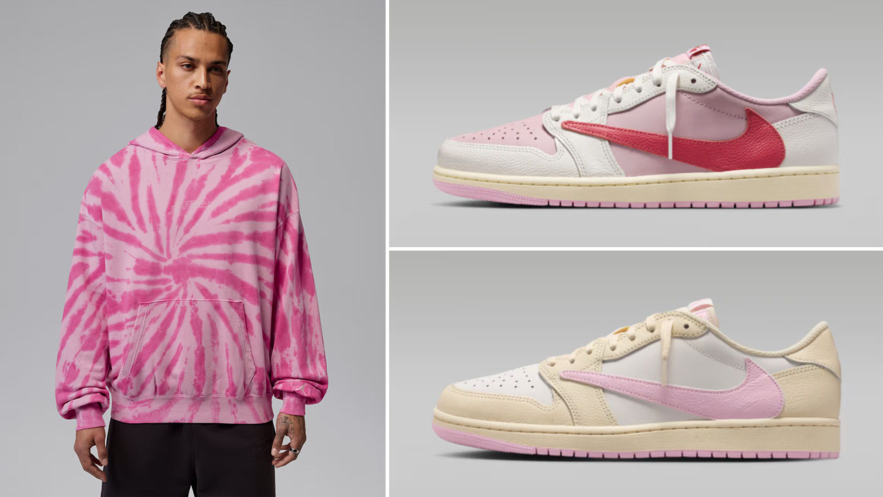 Travis Scott Air Jordan 1 Low OG Pink Pack x Jordan Brooklyn Fleece Men’s Tie-Dye Pullover Festival Hoodie to Match Sneakers