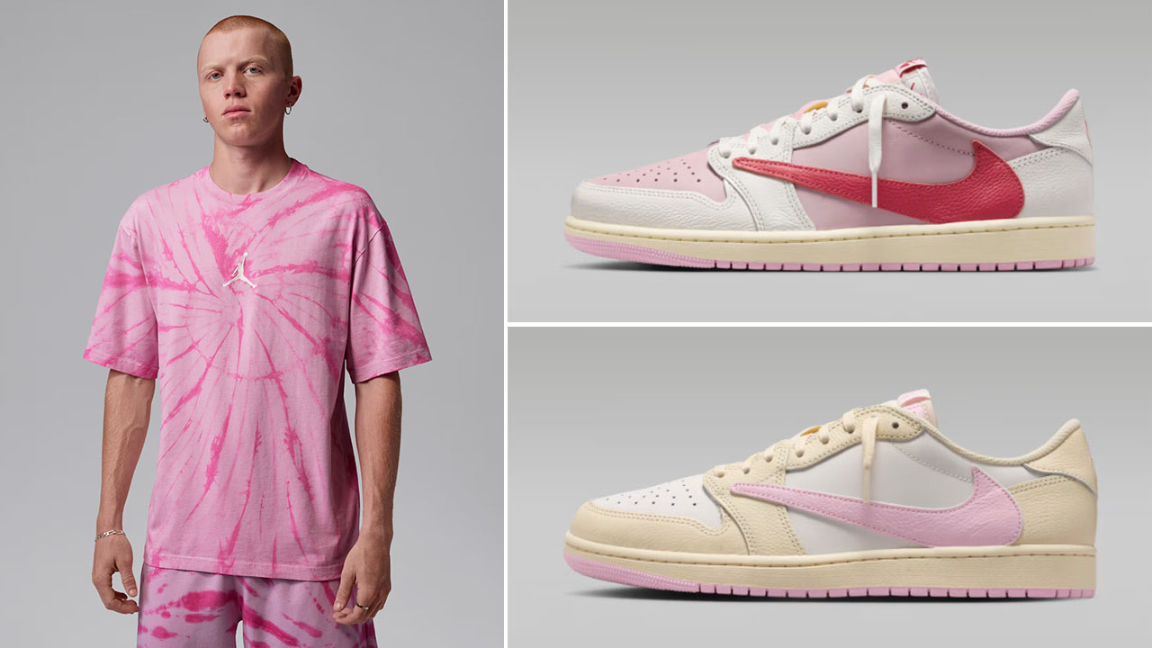 Travis Scott Air Jordan 1 Low OG Pink Pack x Jordan Brooklyn Men’s Tie-Dye Festival T-Shirt to Match Sneakers