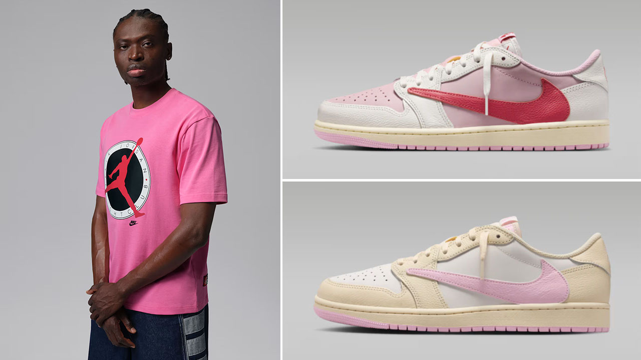 Travis Scott Air Jordan 1 Low OG Pink Pack x Jordan Flight Club Men’s T-Shirt to Match Sneakers