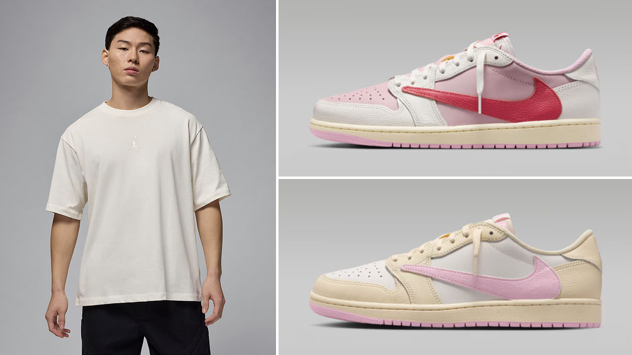 Travis Scott Air Jordan 1 Low OG Pink Pack x Jordan Flight Essentials Men’s Oversized Sail T-Shirt to Match Sneakers