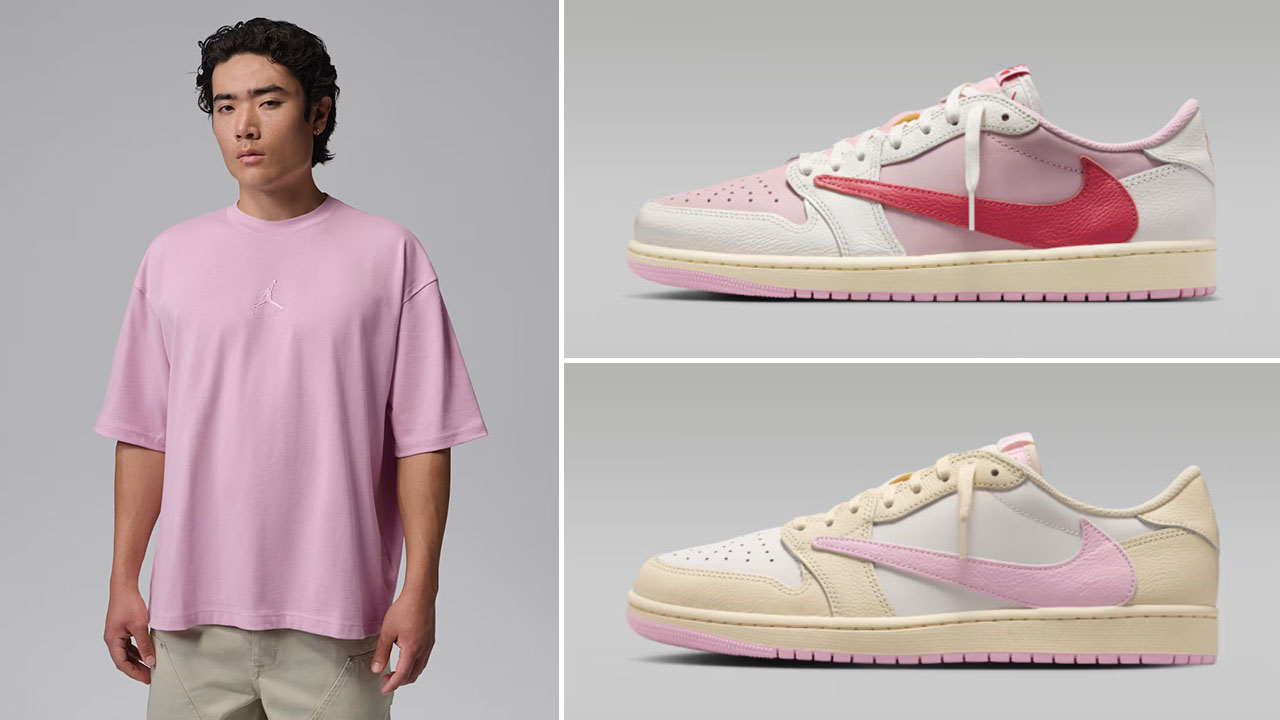 Travis Scott Air Jordan 1 Low OG Pink Pack x Jordan Flight Essentials Men’s Pink Oversized T-Shirt to Match Sneakers