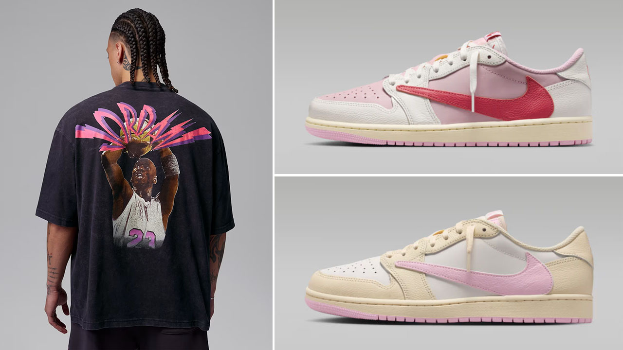 Travis Scott Air Jordan 1 Low OG Pink Pack x Jordan Flight Men’s Black T-Shirt to Match Sneakers