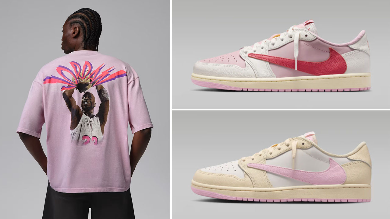 Travis Scott Air Jordan 1 Low OG Pink Pack x Jordan Flight Men’s Pink T-Shirt to Match Sneakers