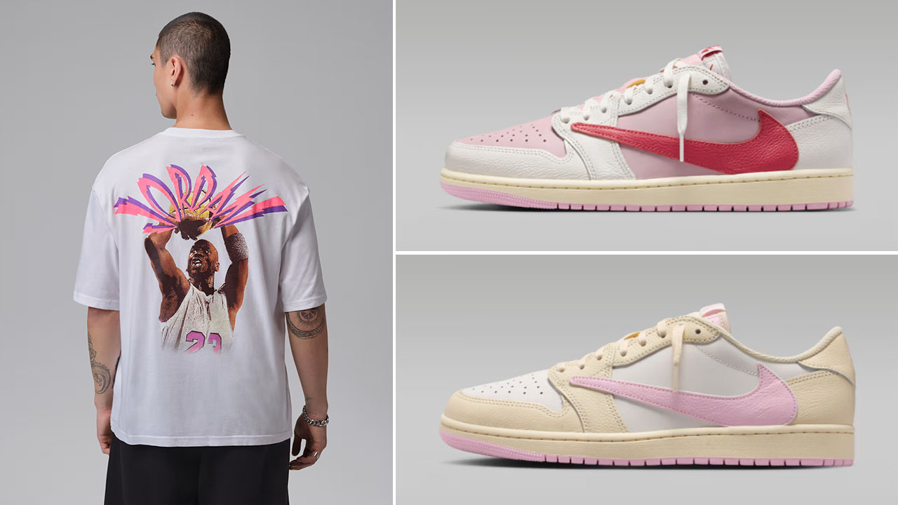 Travis Scott Air Jordan 1 Low OG Pink Pack x Jordan Flight Men’s White T-Shirt to Match Sneakers