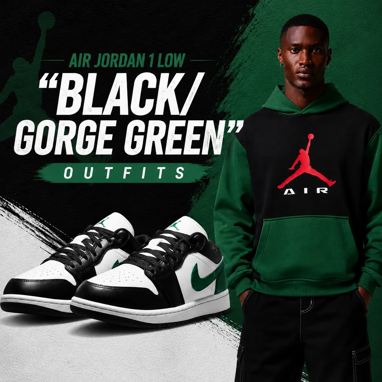 Air Jordan 1 Low "Black/Gorge Green" sneakers with matching Jordan hoodie featured in a SneakerFits outfit inspiration graphic.