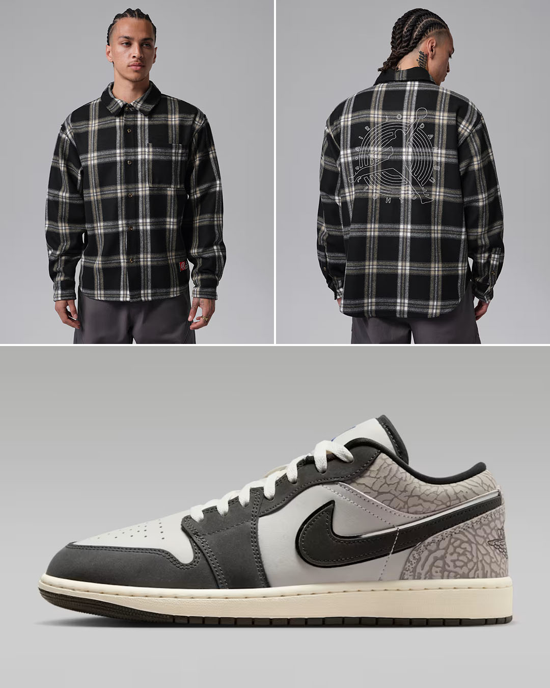 Air Jordan 1 Low Gamma Grey x Jordan Flight Club Men's Graphic Flannel Shirt to Match Sneakers