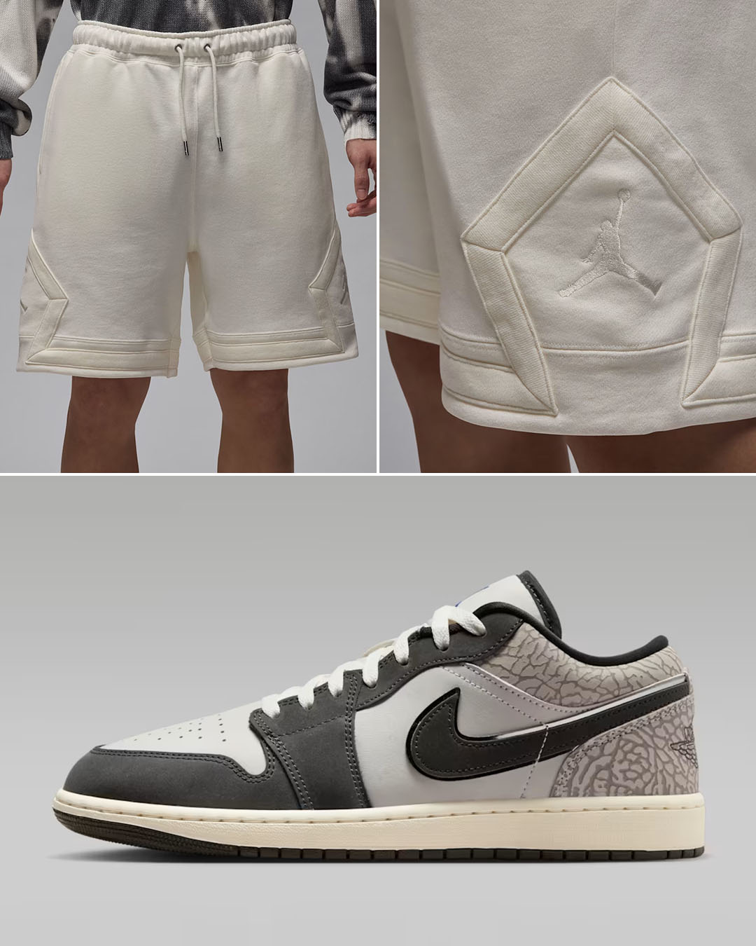 Air Jordan 1 Low Gamma Grey x Jordan Flight Fleece Men's Diamond Shorts to Match Sneakers