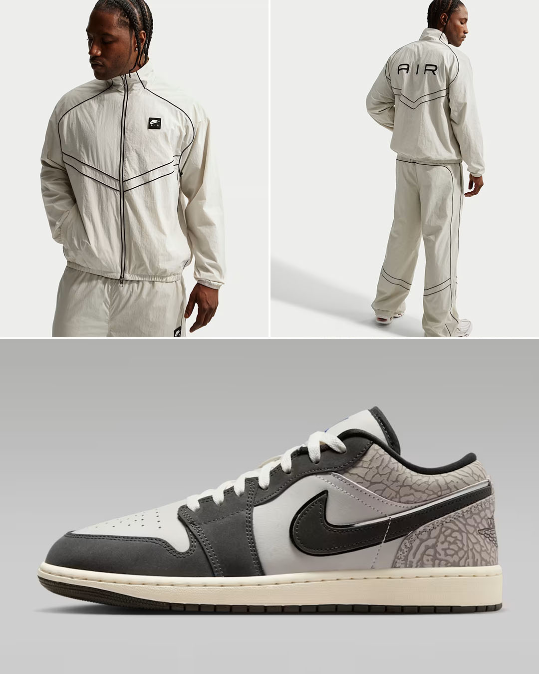 Air Jordan 1 Low Gamma Grey x Nike Air Men's Windrunner Track Jacket and Pants to Match Sneakers