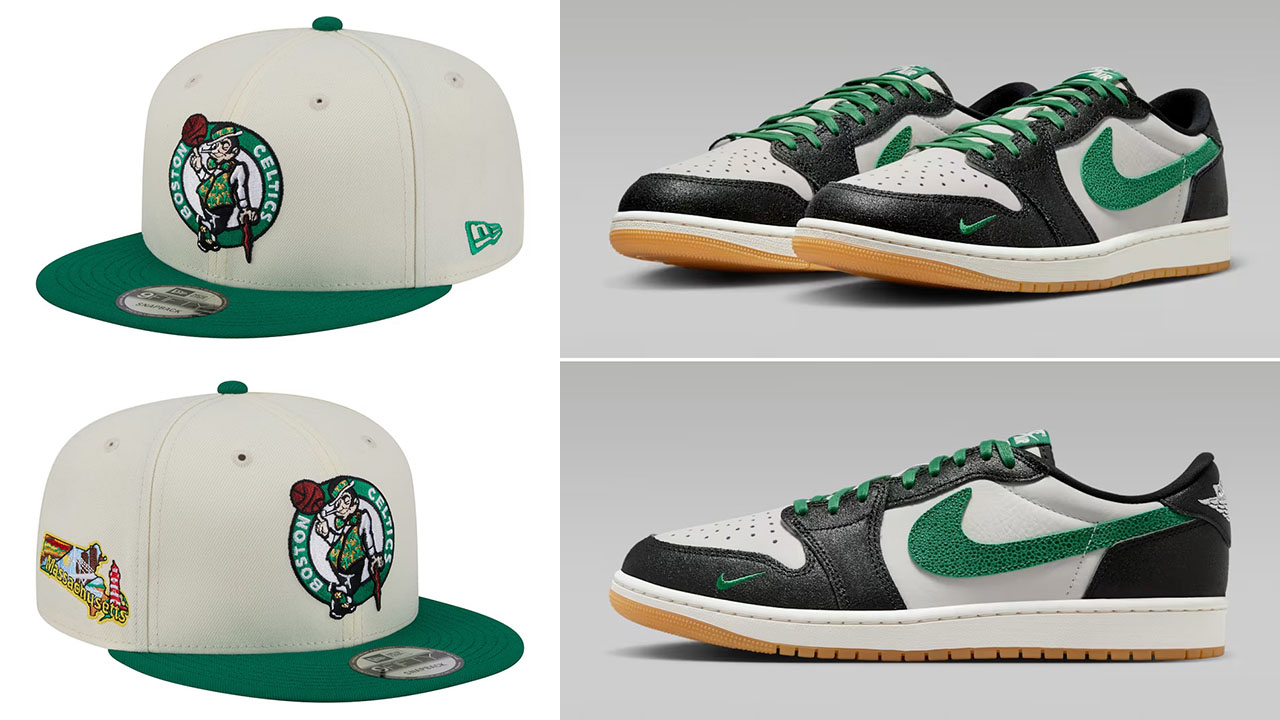 Air Jordan 1 Low OG Phantom Pine Green x Boston Celtics New Era Injection Localized 9FIFTY Snapback Hat to Match