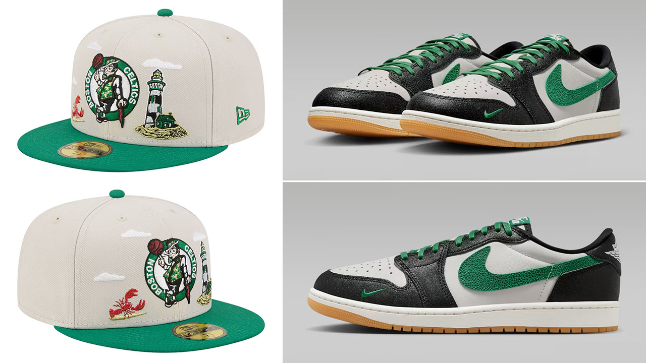 Air Jordan 1 Low OG Phantom Pine Green x Boston Celtics New Era Localized City Icon 59FIFTY Fitted Hat to Match