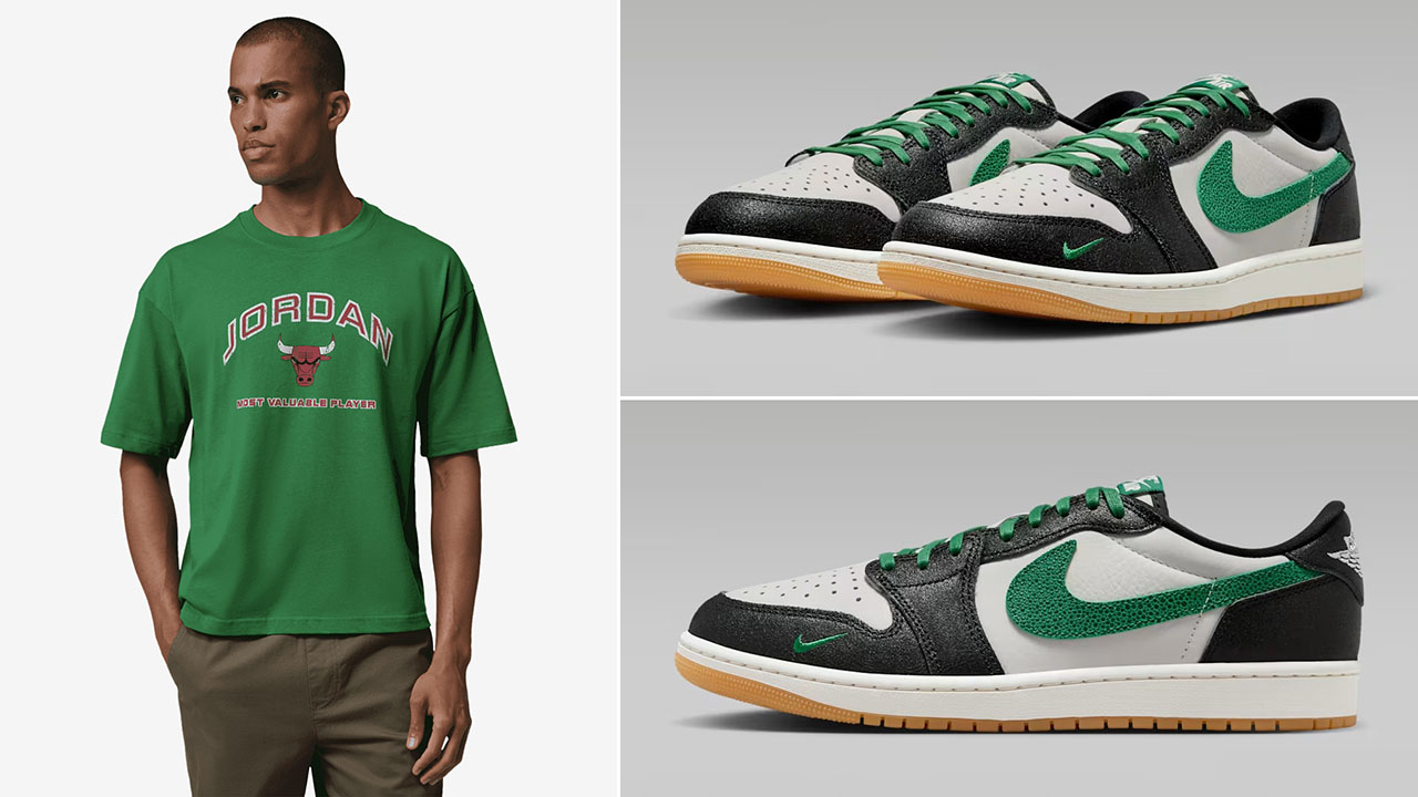 Air Jordan 1 Low OG Pine Green x Jordan Flight Essentials Bulls Boxy Men's T-Shirt to Match