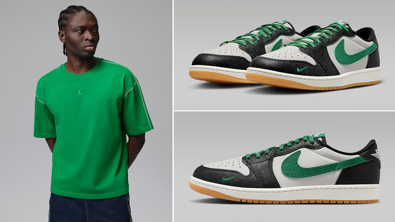 Air Jordan 1 Low OG Pine Green x Jordan Flight Essentials Men’s Oversized T-Shirt to Match