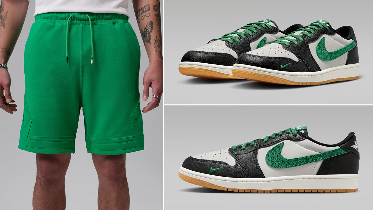 Air Jordan 1 Low OG Pine Green x Jordan Flight Fleece Men’s Diamond Shorts to Match