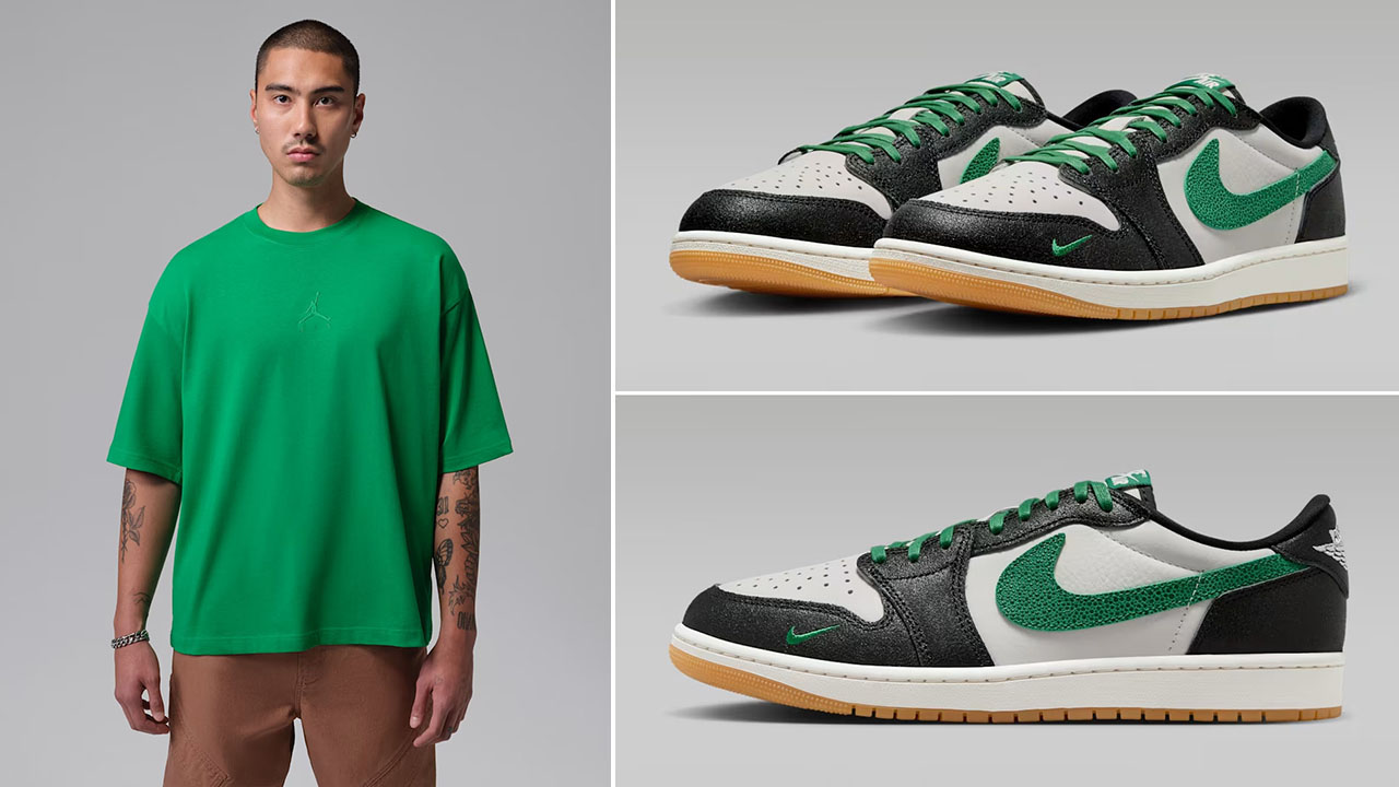 Air Jordan 1 Low OG Pine Green x Jordan Flight Men’s Heavyweight Short-Sleeve Top to Match