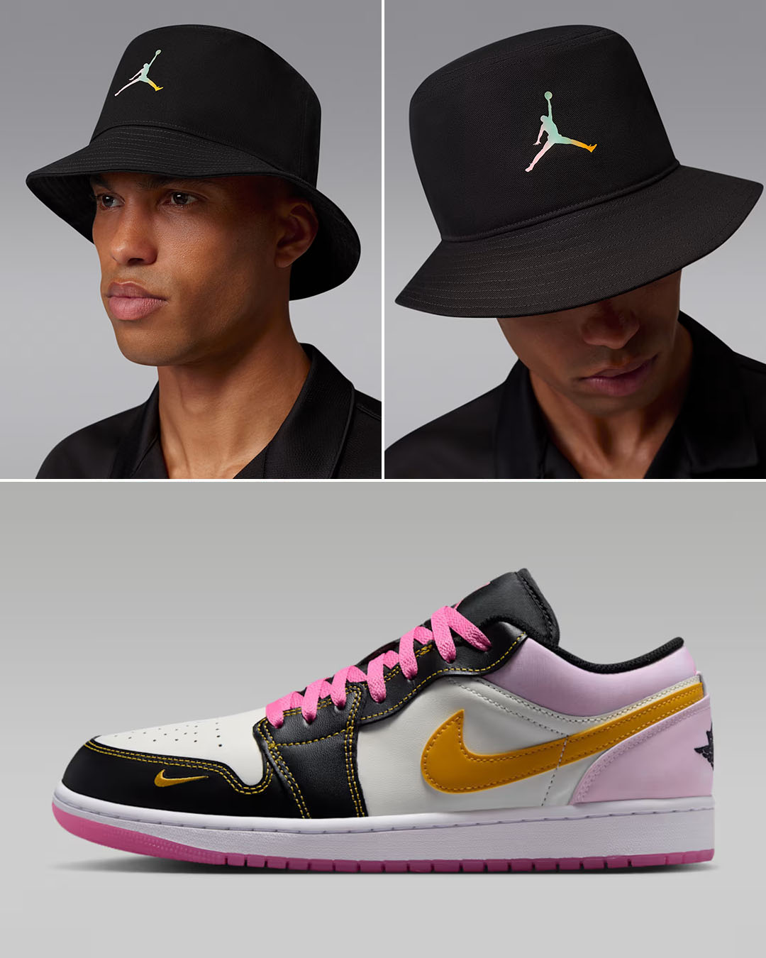 Air Jordan 1 Low SE Sherbet x Jordan Apex Festival Black Bucket Hat to Match Sneakers