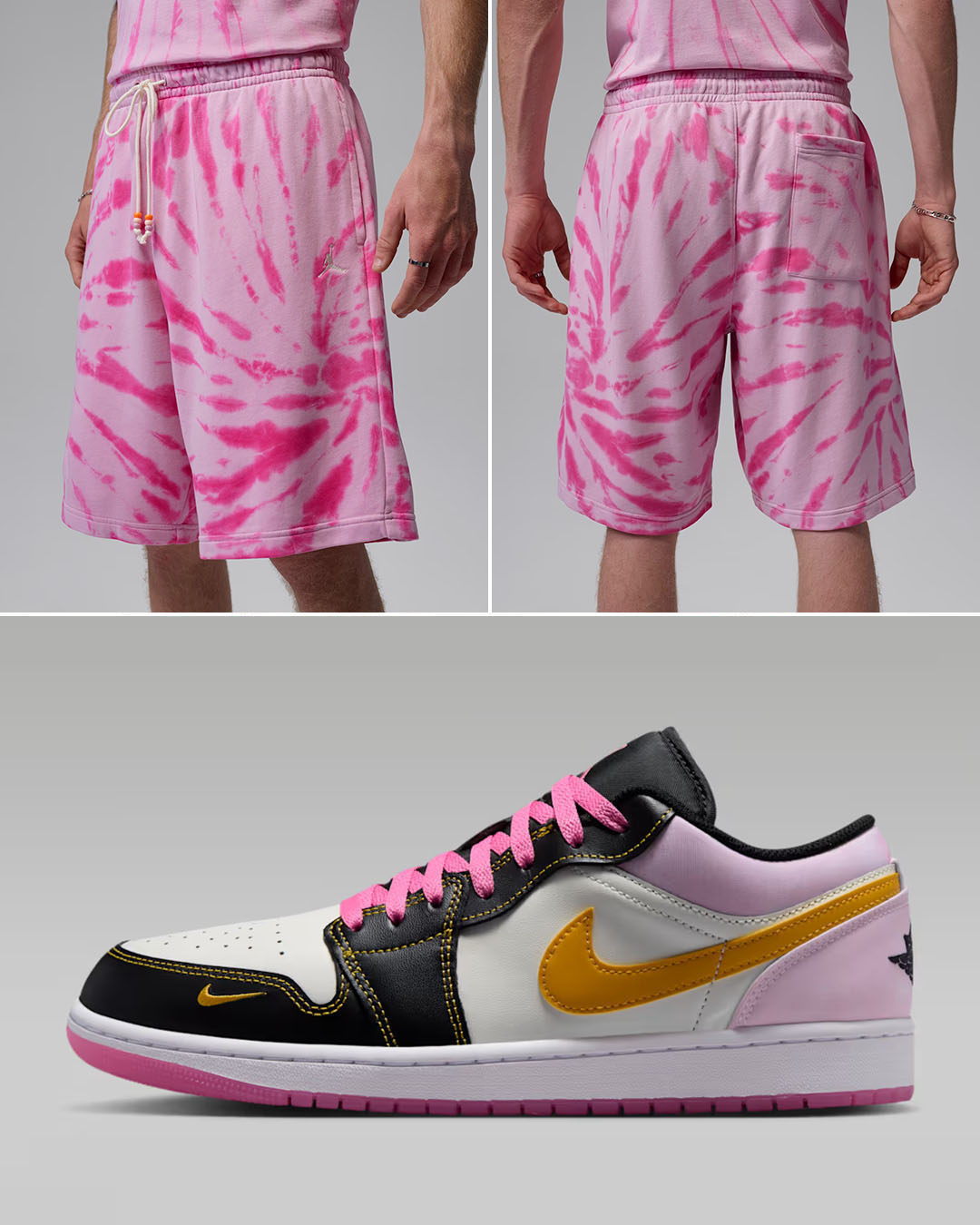 Air Jordan 1 Low SE Sherbet x Jordan Brooklyn Fleece Men’s Tie-Dye Festival Pink Shorts to Match Sneakers
