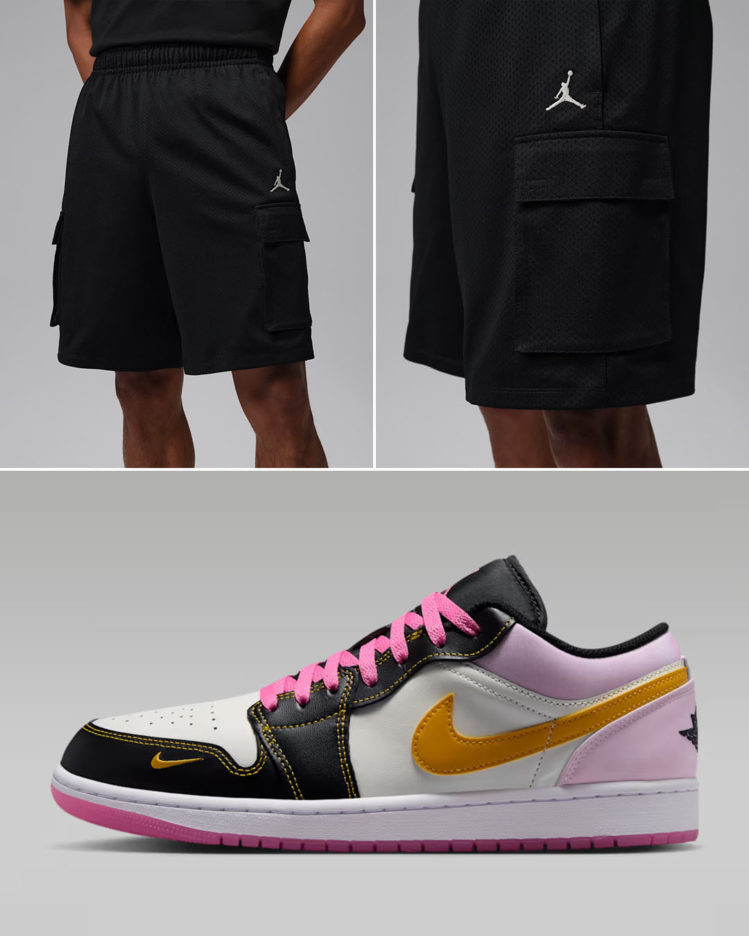 Air Jordan 1 Low SE Sherbet x Jordan Brooklyn Men’s Festival Black Cargo Shorts Outfit to Match Sneakers