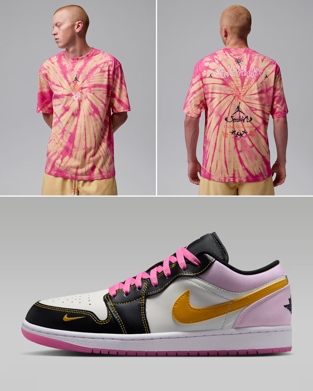 Air Jordan 1 Low SE Sherbet x Jordan Brooklyn Tie Dye Festival T-Shirt Lemon Wash Pinksicle Outfit to Match Sneakers