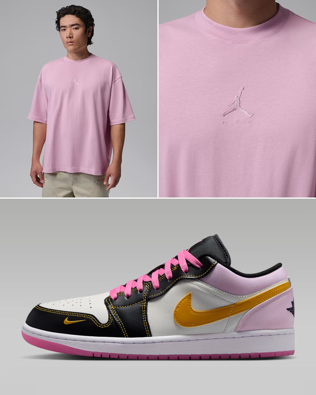 Air Jordan 1 Low SE Sherbet x Jordan Flight Essentials Men’s Oversized Pink T-Shirt to Match Sneakers