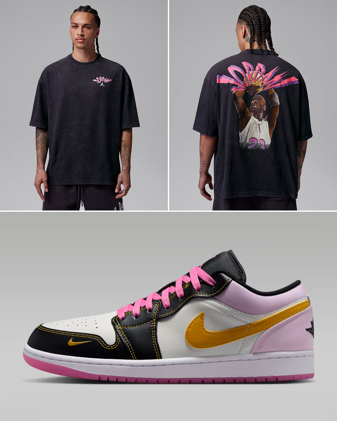 Air Jordan 1 Low SE Sherbet x Jordan Flight Men's Black Pink T-Shirt Outfit