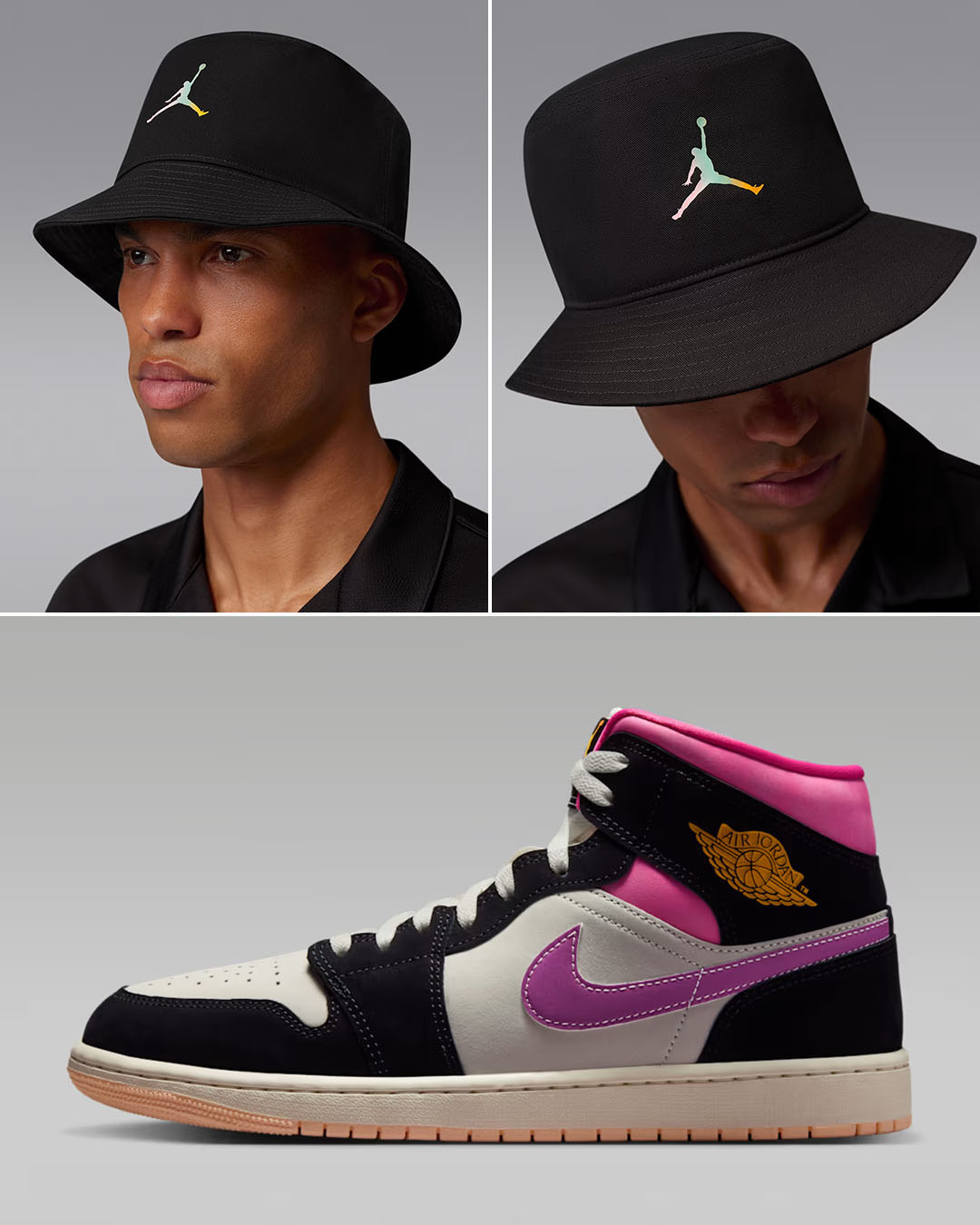 Air Jordan 1 Mid SE World Tour x Jordan Apex Festival Black Bucket Hat to Match Sneakers